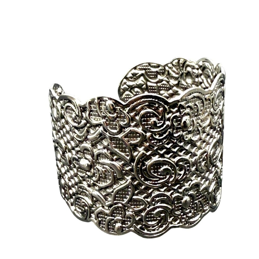 Silver Plated Wide Cuff Bracelet With Intricate Floral & Swirl Design Adjustable